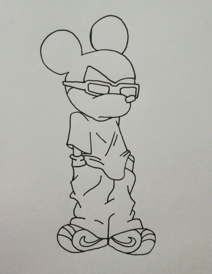 a drawing of mickey mouse with glasses on his face and head in the shape of a cartoon character