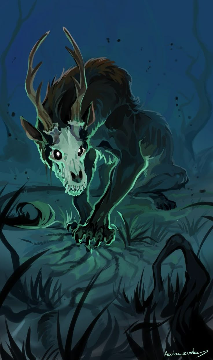 an illustration of a demon with horns and fangs on it's face, kneeling down in the grass