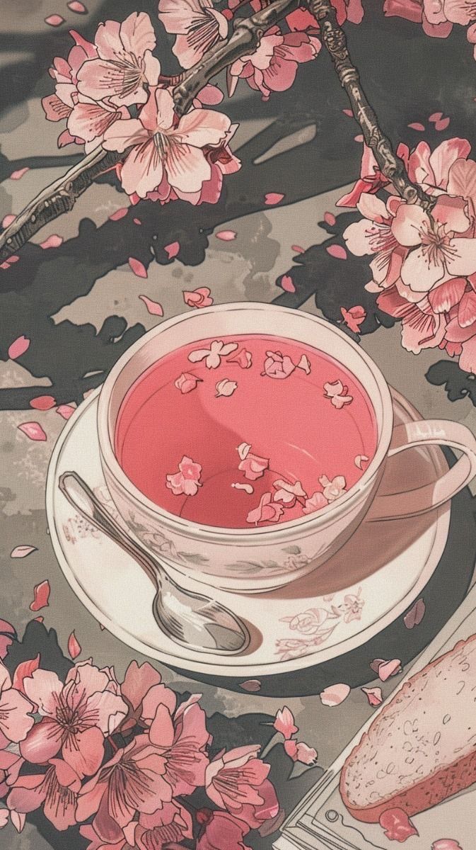 a tea cup and saucer on a table with pink flowers