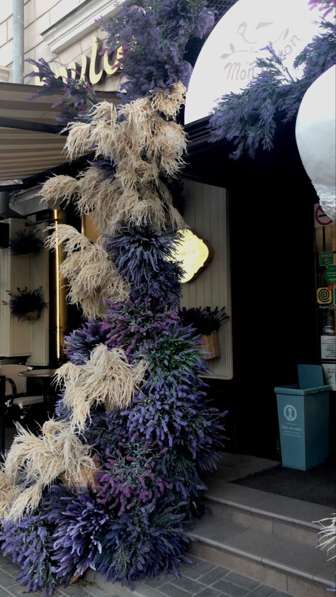 purple and white plants are growing on the outside of a building