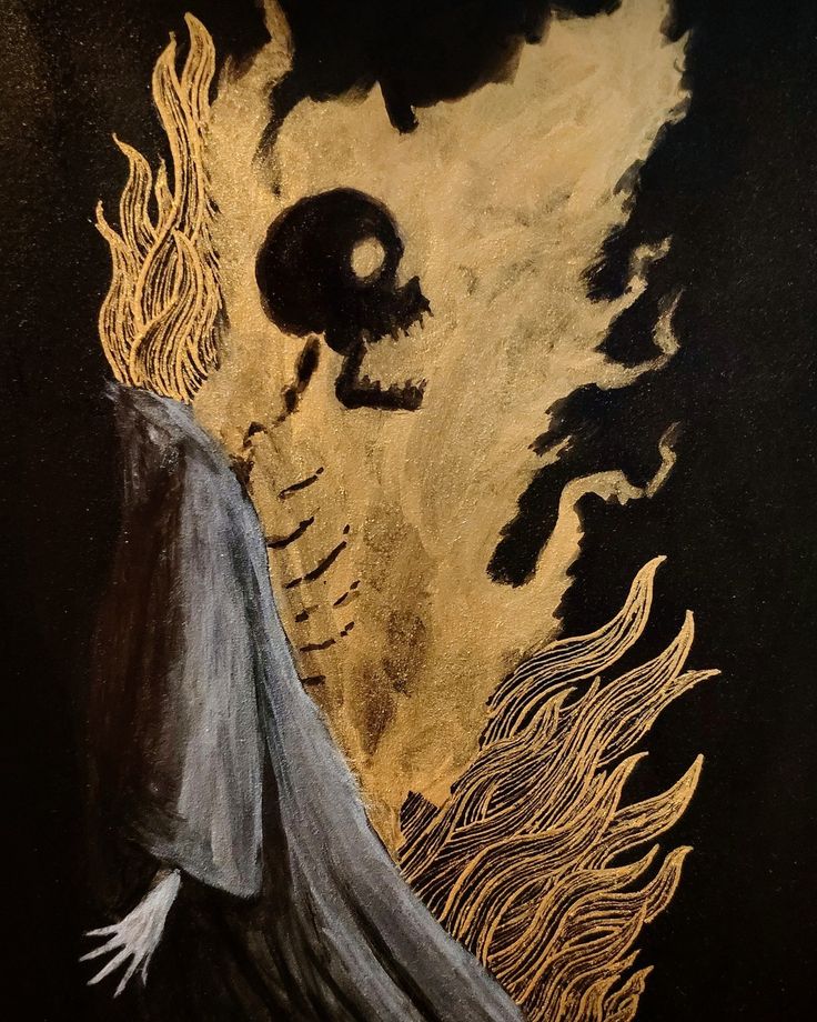 a drawing of a skeleton with flames coming out of it