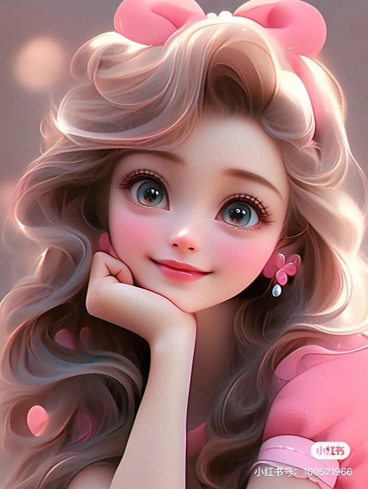 a digital painting of a girl with long hair and big pink bows on her head