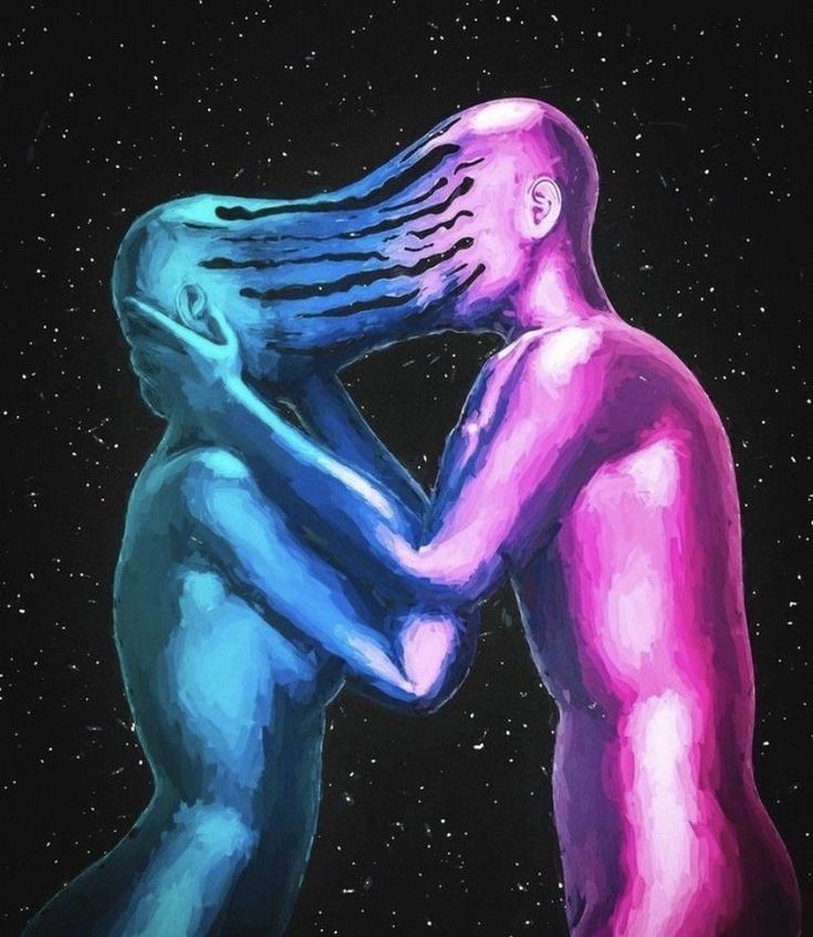 two people standing next to each other with their arms around each other, in front of stars