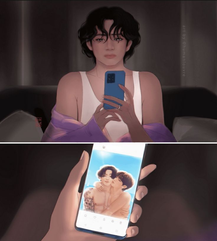 two pictures of a woman holding a cell phone in front of her face, and the other side shows an animated image of a man kissing a woman