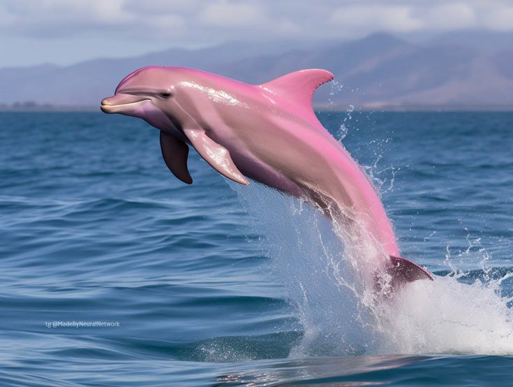 a pink dolphin jumping out of the water with it's front end in the air