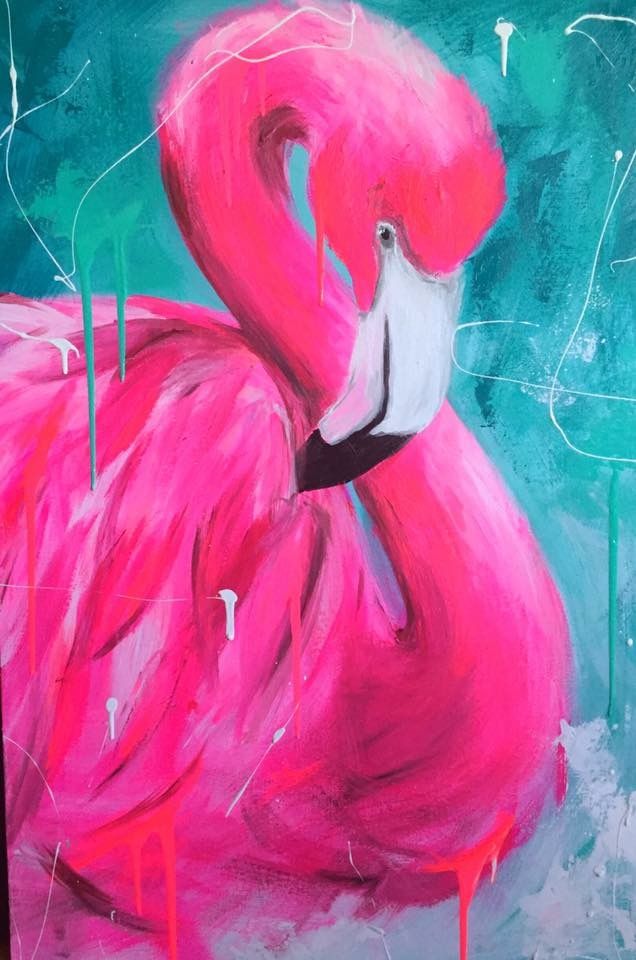 a painting of a pink flamingo on a blue background