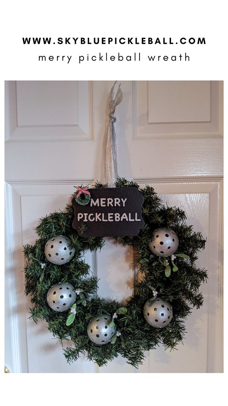 a merry pickleball wreath hangs on the front door