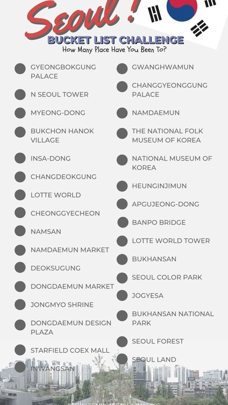 the seoul bucket list is shown in red, white and blue with words on it