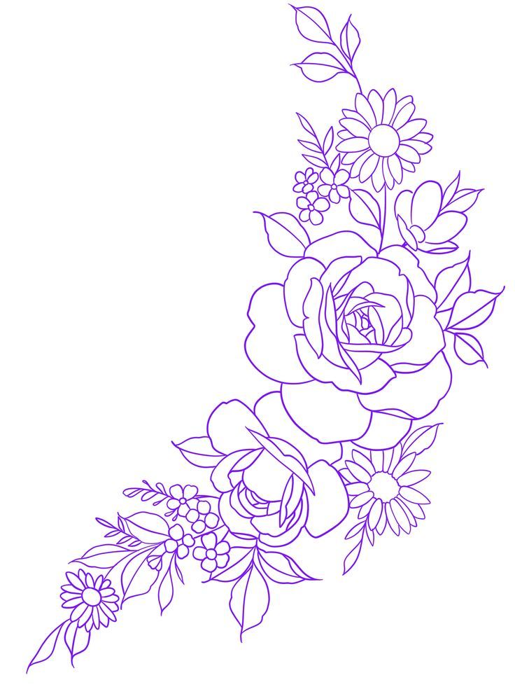 a line drawing of flowers with leaves and berries on the bottom half of each flower