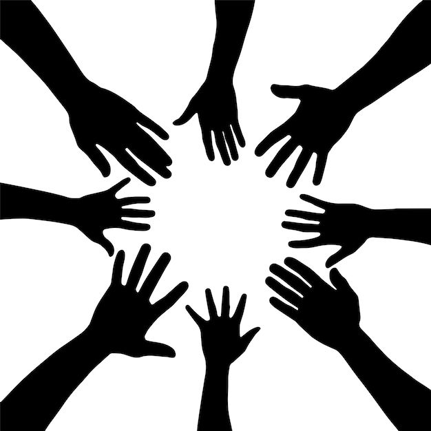 many hands reaching towards each other in the middle of a circle, silhouetted against a white background