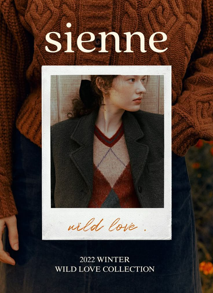 a woman wearing a brown sweater and black skirt is holding a poster with the words,'seme wild love winter wild love collection '