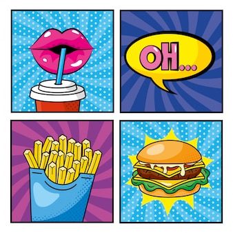 four different pictures with food and drinks in the same square shape, each one has an image of a woman's mouth