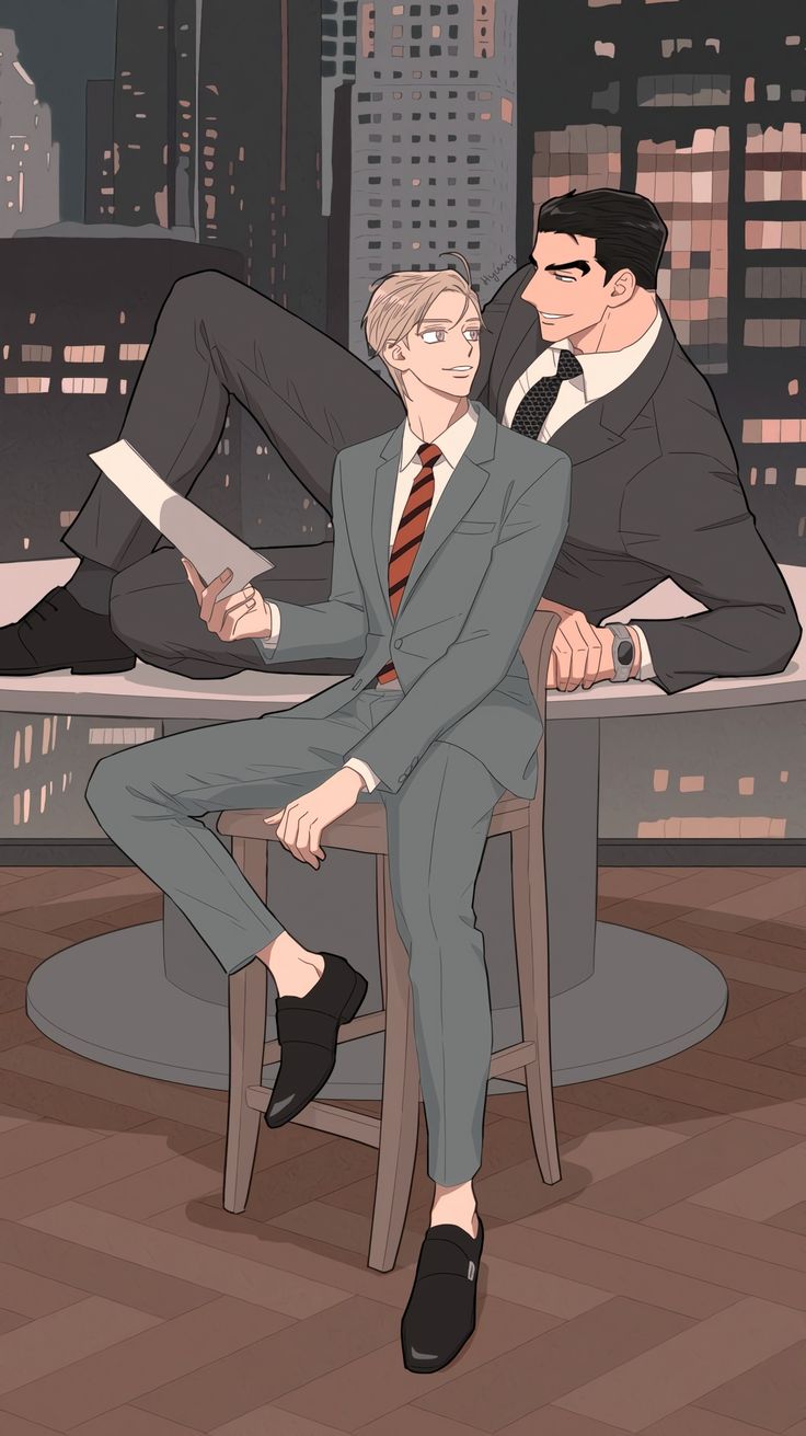 two men in suits are sitting on a chair and one man is holding his head