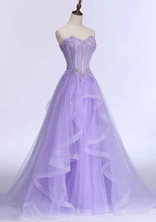 A-line Sweetheart Sleeveless Sweep Train Tulle Prom Dress Purple Prom, Lavender Dress, Purple Dresses, Evening Dresses Cocktail, Home Dress, Tulle Prom Dress, Homecoming Dress, 15 Dresses, Cocktail Dress Party