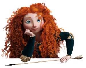 a red haired woman with long hair leaning on a table next to an arrow and looking at the camera