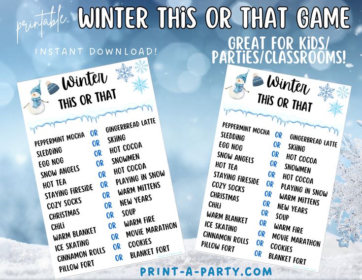 Get your students, party guests, or kids excited about winter with our This or That Winter game. Featuring fun choices about the season of Winter, this is the perfect game for classrooms or parties. Print from home and enjoy instant fun with the easy download! This printable game prints on regular-size paper (8.5" x 11") and prints 2 games per page. Each game measures 5" X 7". Light dotted lines help indicate where to trim. Easy as 1, 2, 3! 1. Purchase and download the PDF file(s) on the compute Classroom Winter Party, This Or That Game, Gingerbread Latte, Winter Classroom, Tea Eggs, Winter Parties, Holiday Games, Printable Game, Peppermint Mocha