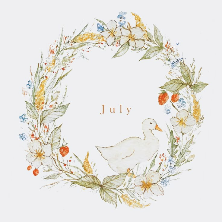 a watercolor painting of a duck surrounded by flowers and leaves with the word july written on it