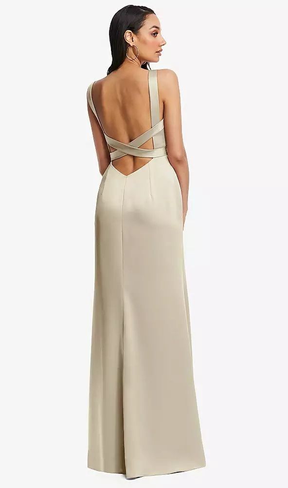 Elegant Backless Strappy Evening Dress, Elegant Satin Dress With Strappy Back, Formal Fitted Maxi Dress With Strappy Back, Elegant Backless Dress With Fitted Bodice And Strappy Back, Elegant Backless Dress With Strappy Back And Fitted Bodice, Elegant Backless Dress With Strappy Back For Gala, Elegant Formal Backless Dress With Strappy Back, Elegant Strappy Back Backless Dress For Gala, Elegant Strappy Back Evening Dress For Prom