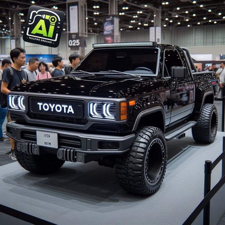 a black truck is on display at an auto show