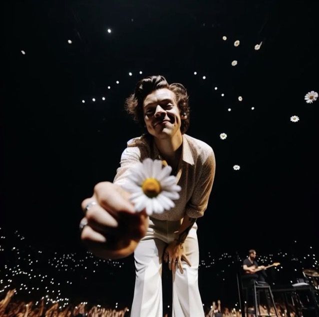 a man holding a flower in front of an audience