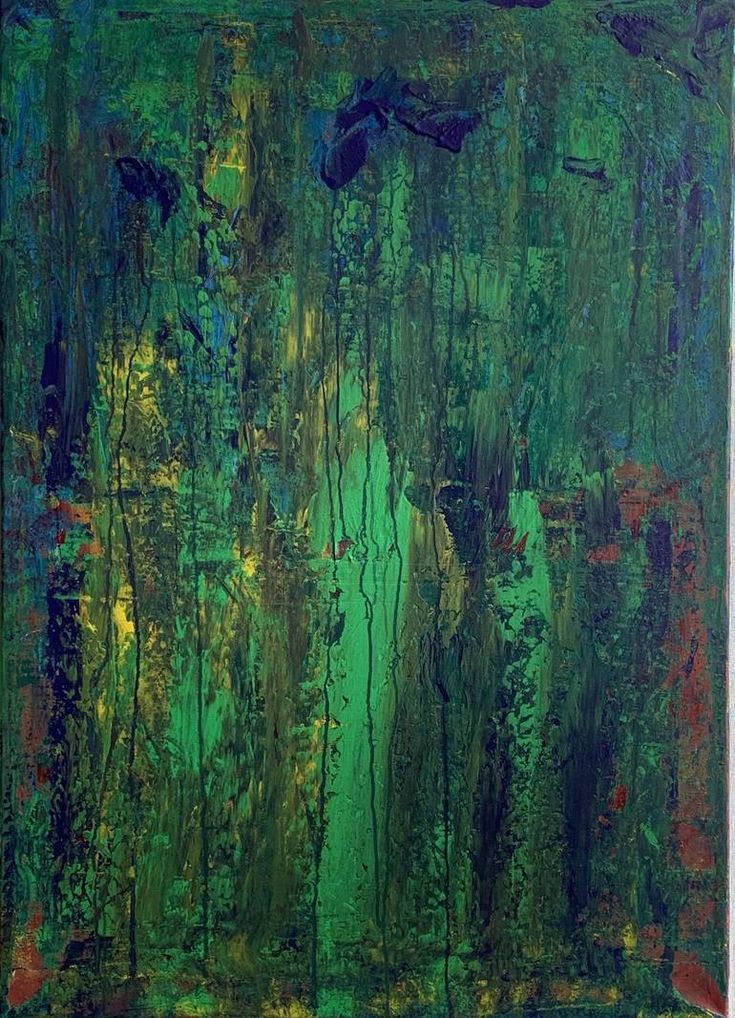 an abstract painting with green and blue colors