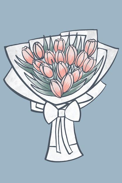 a bouquet of tulips with a bow tied around it on a blue background