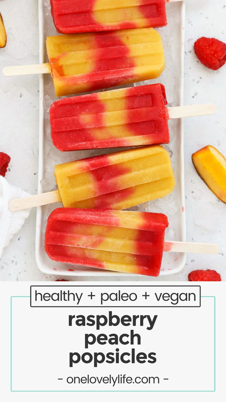 three popsicles with fruit on them and the words get the recipe written below it