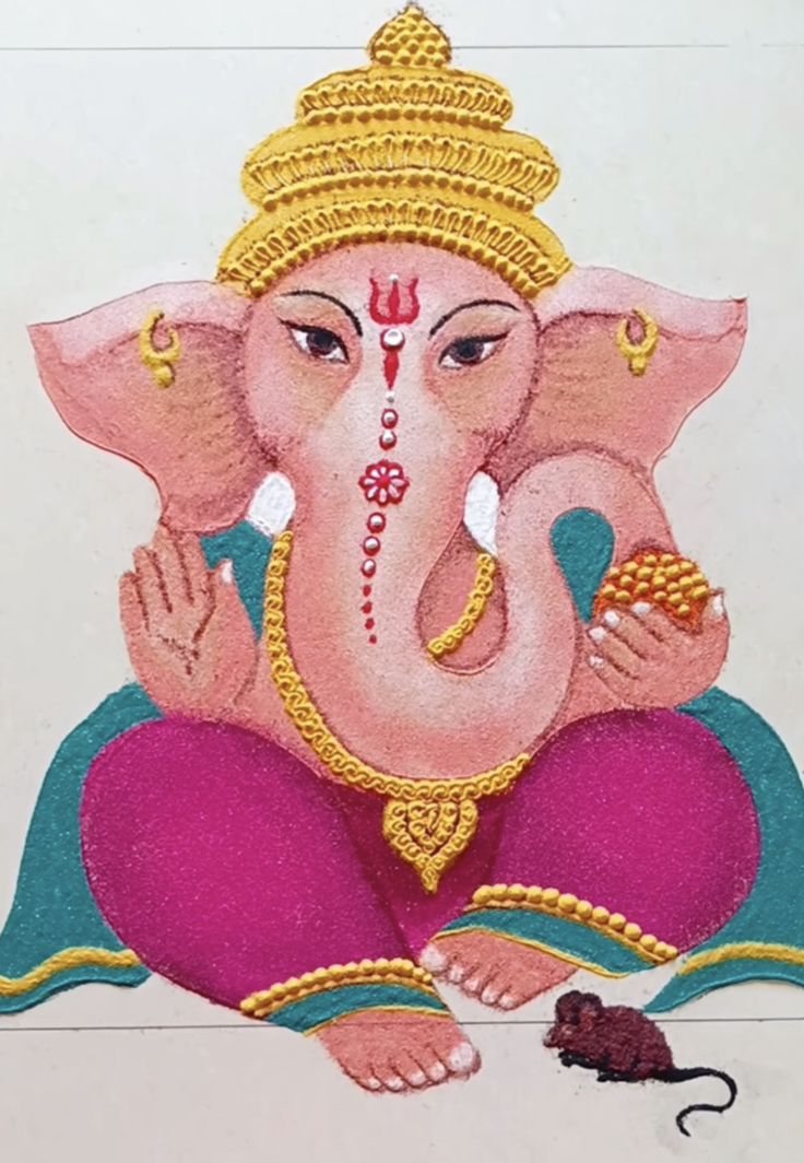 a painting of an elephant sitting on top of a white floor next to a mouse