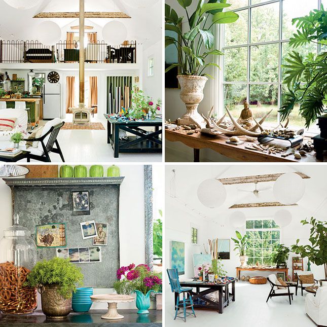 four different rooms with plants and furniture in them