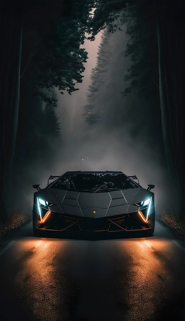 a white and black sports car in the middle of a forest at night with headlights on