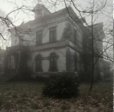 an old house in the fog with trees around it