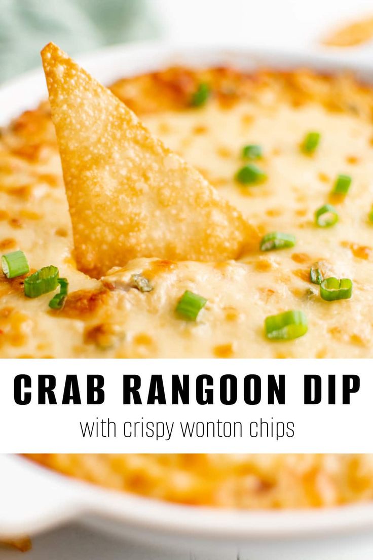 a bowl of crab rangon dip with crispy wonton chips