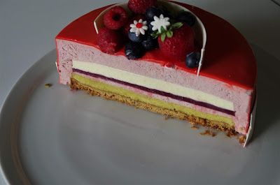 a piece of cake on a plate with berries