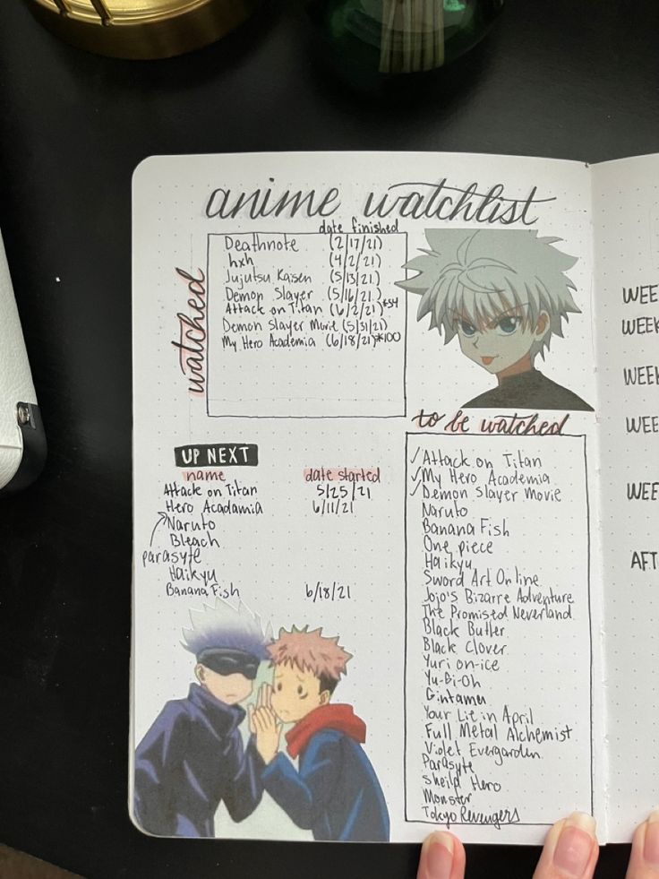 an open notebook with anime characters on it and the words unime watchlist written in black ink