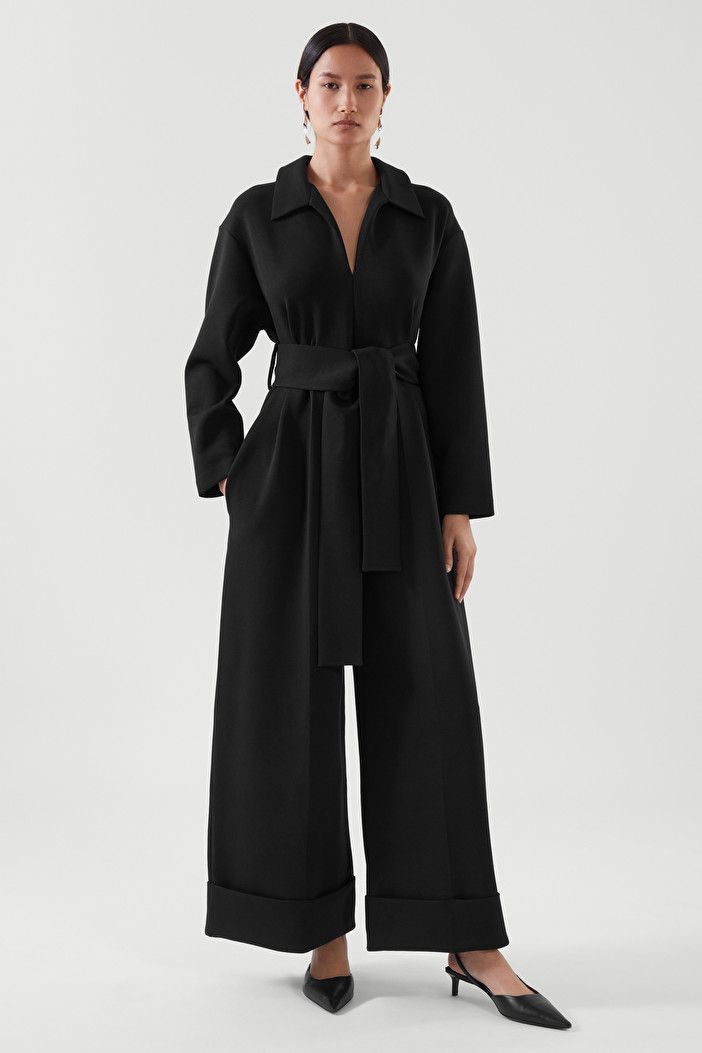 WIDE-LEG JUMPSUIT - BLACK - Jumpsuits - COS US Black Jumpsuits, Elegant Jumpsuit, Burgundy Jumpsuit, Party Frocks, Slip Skirts, Jumpsuit Black, Minimalist Wardrobe, Long Sleeve Jumpsuit, Ankle Cuffs