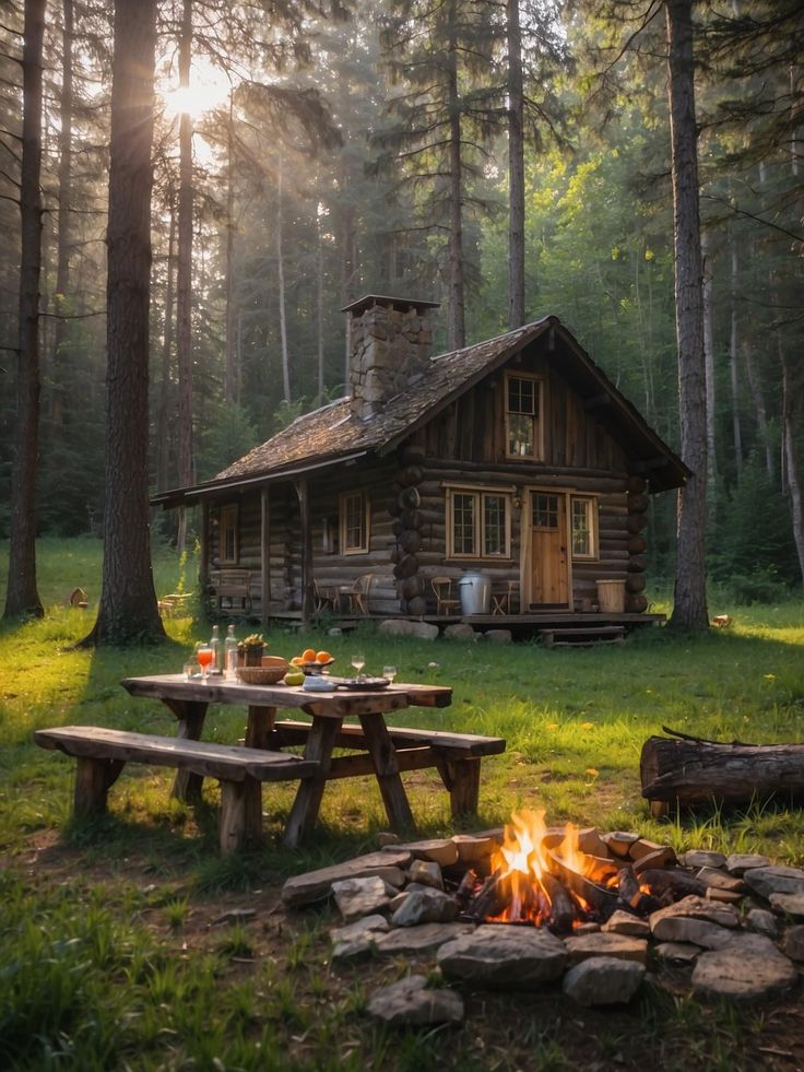 a log cabin in the woods with a fire pit and picnic table