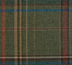 a green plaid fabric with red and blue stripes