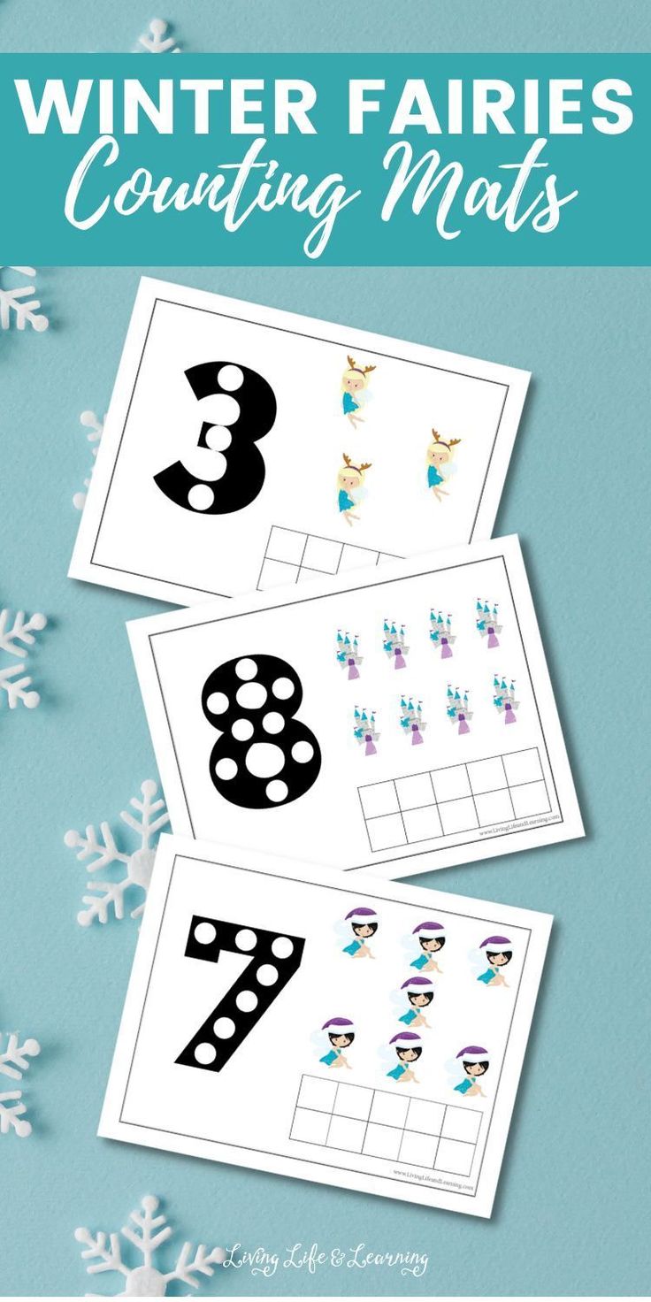 three winter themed counting mats with snowflakes in the background and text overlay