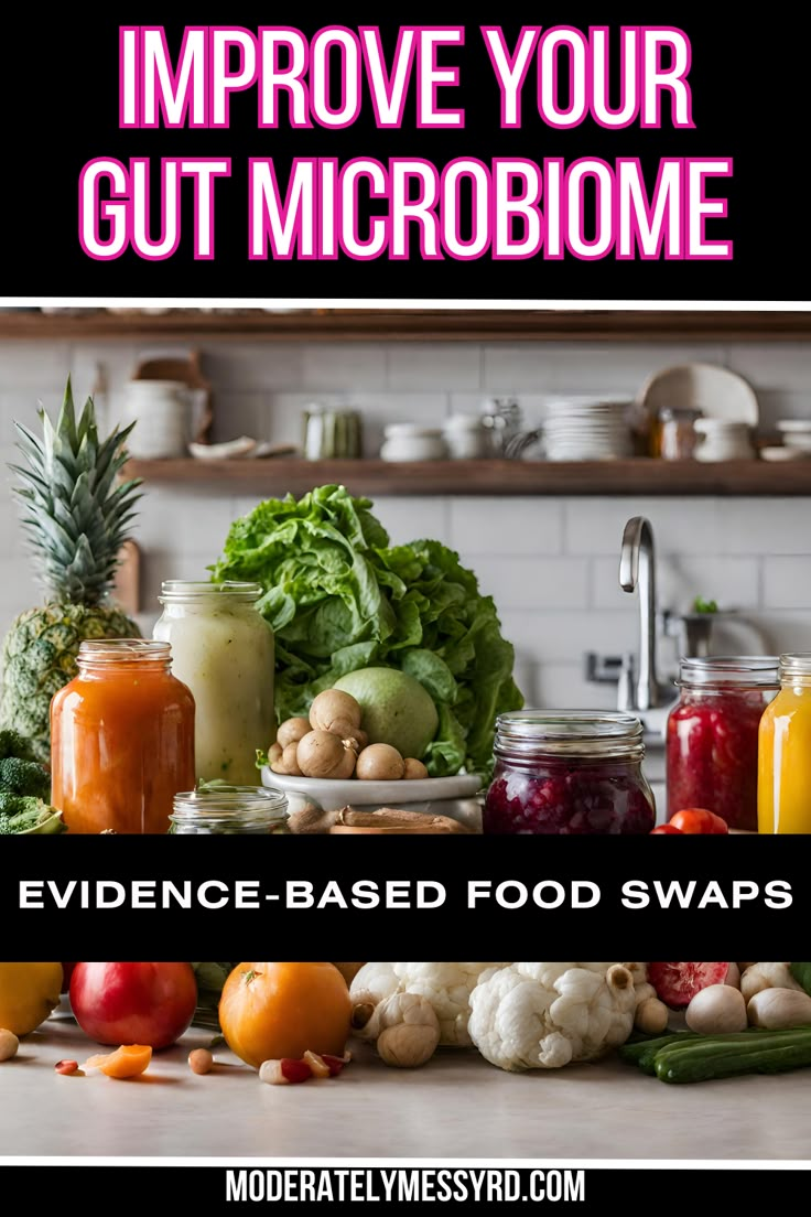 the words improve your gut microboomee on top of an image of fruits and vegetables