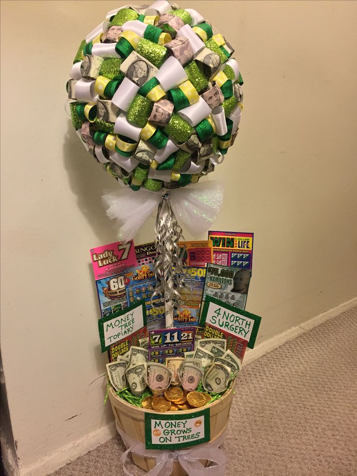 a basket filled with lots of money sitting on top of a floor next to a wall