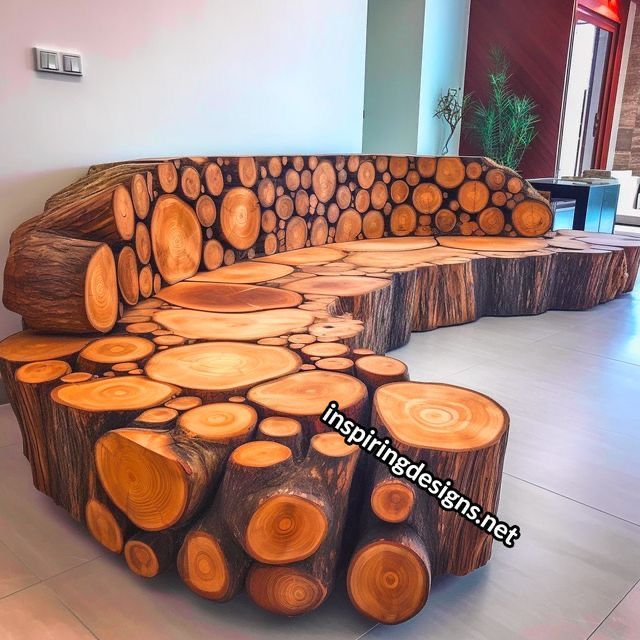 a couch made out of wood logs sitting on top of a floor