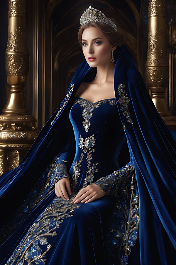 Royal blue 2, Vas K. Blue Coronation Dress, Royal Blue Queen Dress, Winter Royalty Dresses, Fantasy Coronation Gown, Queen Outfits Royal Dress, Fantasy Royal Clothing Queens, Fancy Royal Outfits, Blue Princess Dress Royal, Royal Dress Design