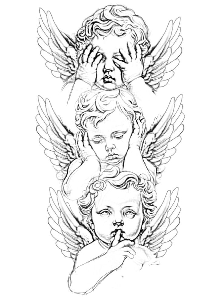 three angels with hands on their heads, one holding the other's head in front of