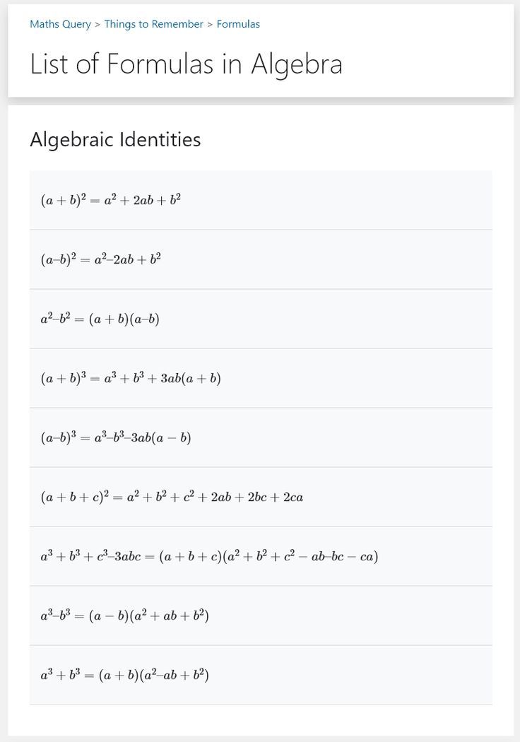 the list of formulas in algebra