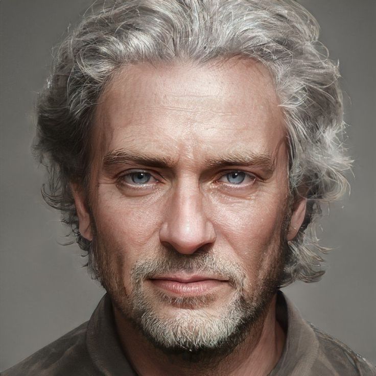 a man with grey hair and blue eyes is looking at the camera while wearing a gray shirt