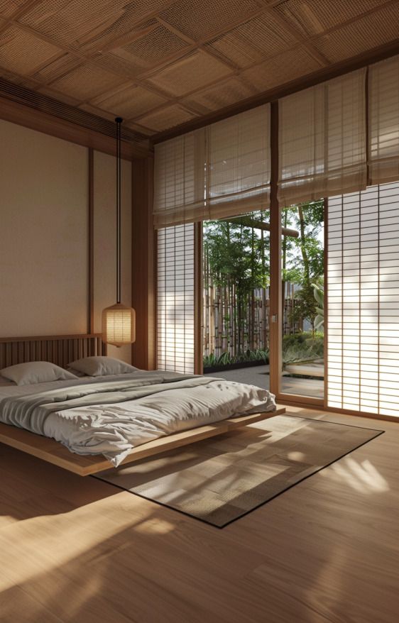 a large bed sitting in the middle of a bedroom next to two windows with blinds on them