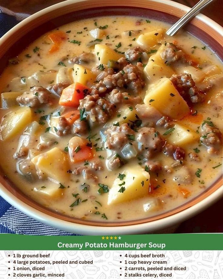 a bowl of creamy potato hamburger soup