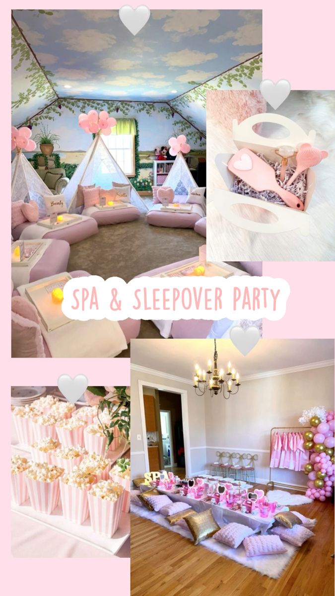 a collage of photos with pink and white decor