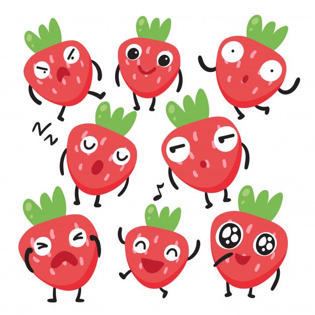 a group of red strawberries with faces and hands