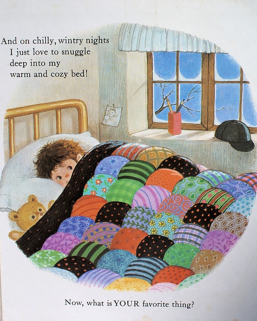 a child laying in bed under a blanket with a teddy bear next to it and the caption reads, and on chillty, wintry nights i just love to mingle deep